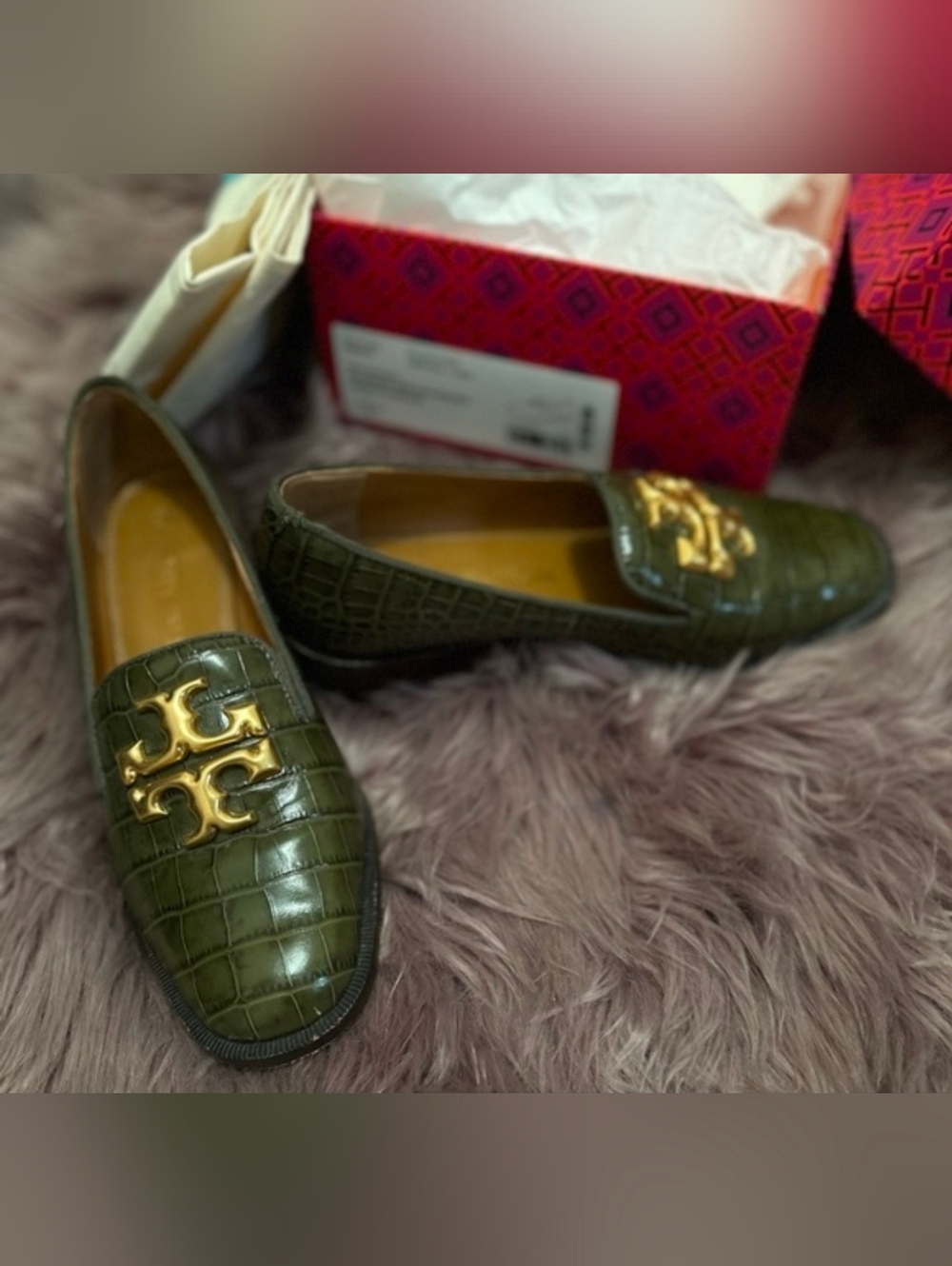 Tory Burch Olive Croc-Embossed Leather Loafers with Gold Logo Hardware